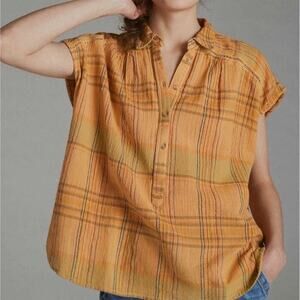 Anthropologie pilcro orange plaid button down blouse